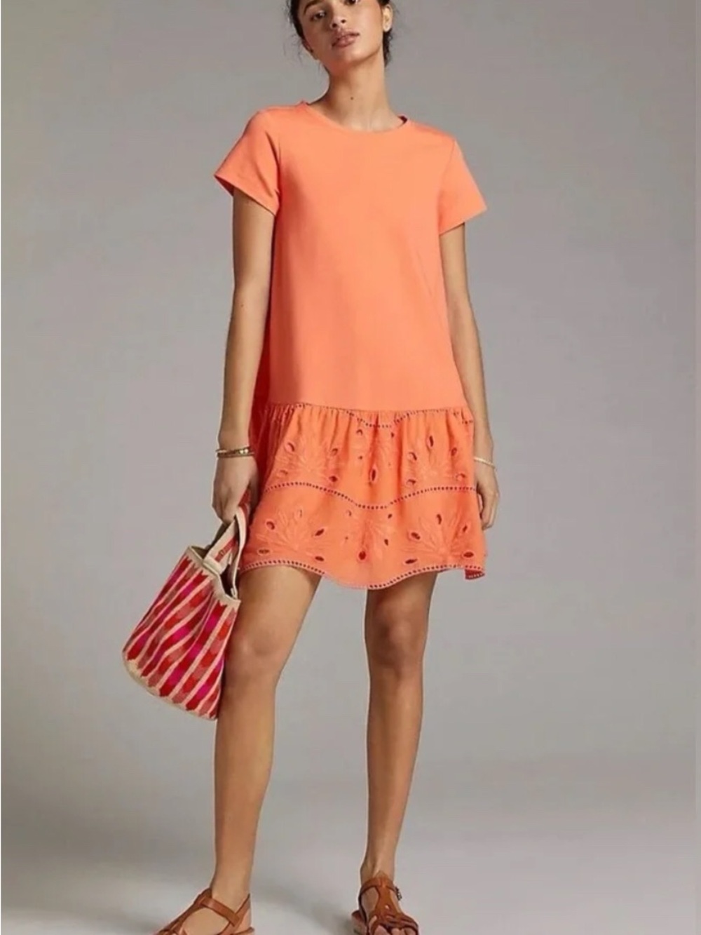 Maeve Coral Short Sleeve Eyelet Ruffle Hem Flounce Dress